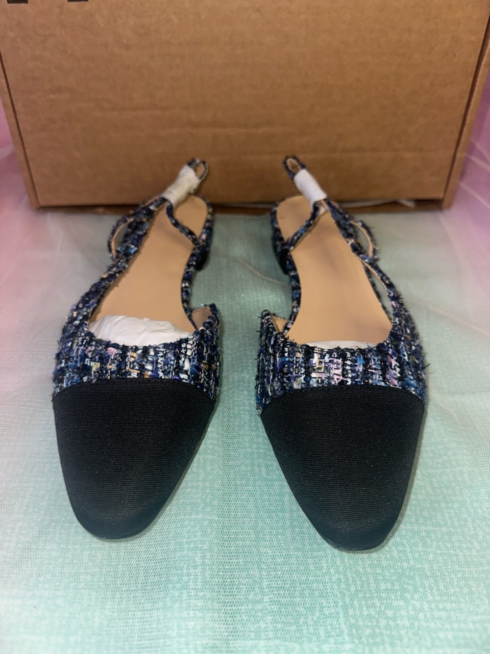Pointed Tweed Slingback Flats with Black Cap Toe